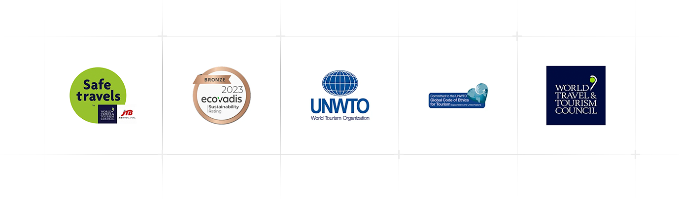 Global sustainability and tourism industry certifications including Safe Travels, EcoVadis, UNWTO and WTTC