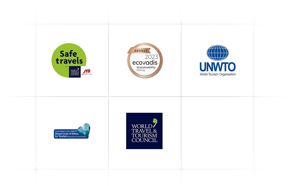 Global sustainability and tourism industry certifications including Safe Travels, EcoVadis, UNWTO and WTTC