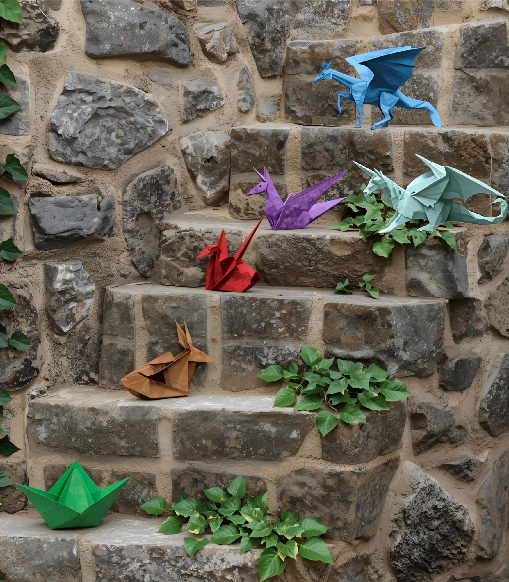 Colorful origami figures, including dragons and birds, arranged on a stone staircase, symbolizing the structured journey from tactical planning to Strategic Meetings Management