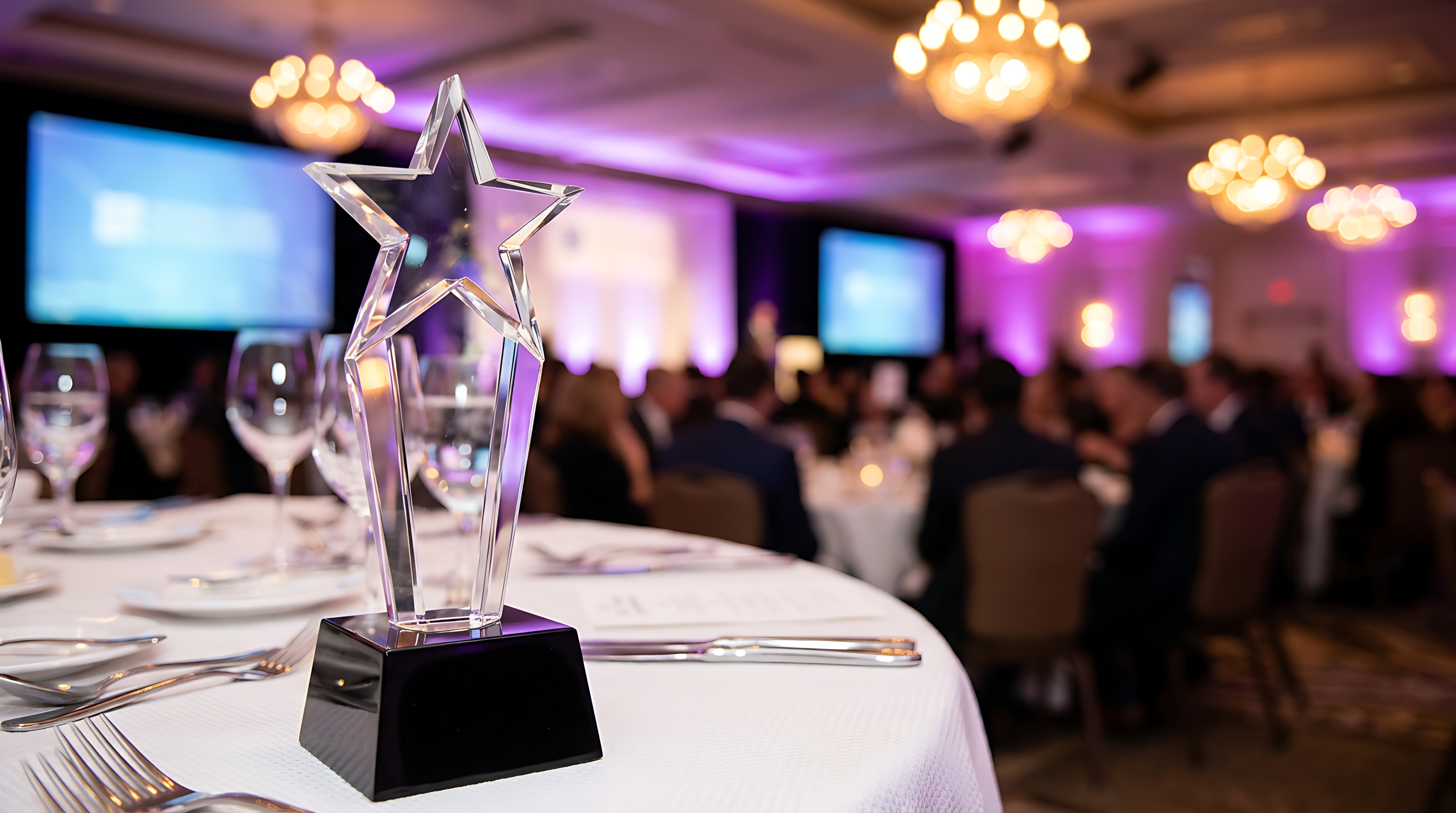 企業の表彰ディナー会場に飾られた星形のトロフィー